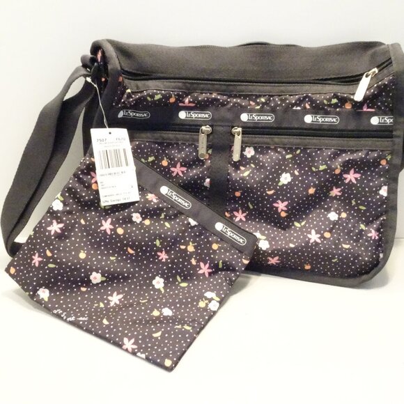 Lesportsac Handbags - Vtg LeSportSac Black Deluxe Everyday Expandable Crossbody Purse Fruity Petals